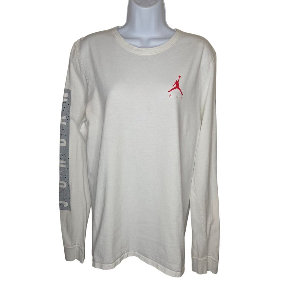 Nike Air Jordan Long Sleeve T Shirt Mens Large White Red Jumpman Cement Print